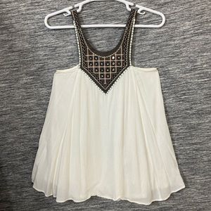 Umgee Women’s Cream Babydoll Dress Embroidered Olive Green Bib Top Mini Dress